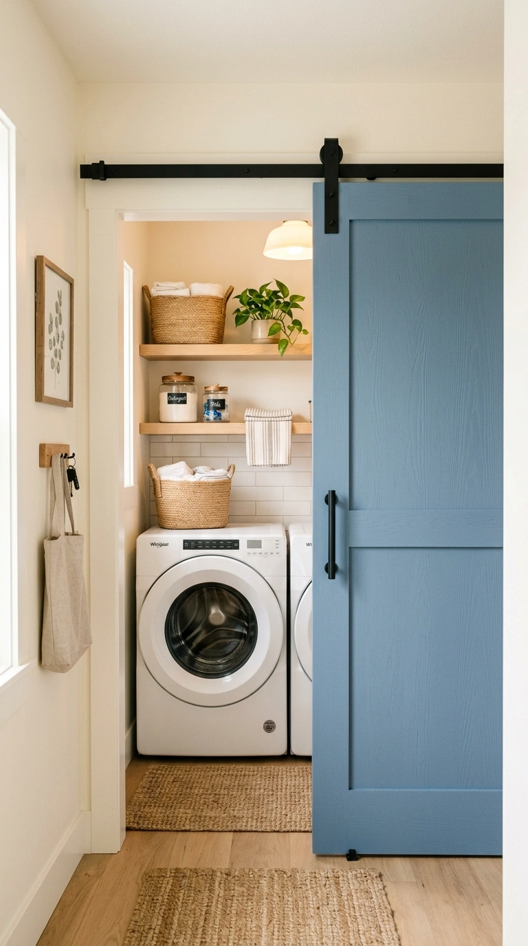021 A small laundry room entry with a sliding barn doo