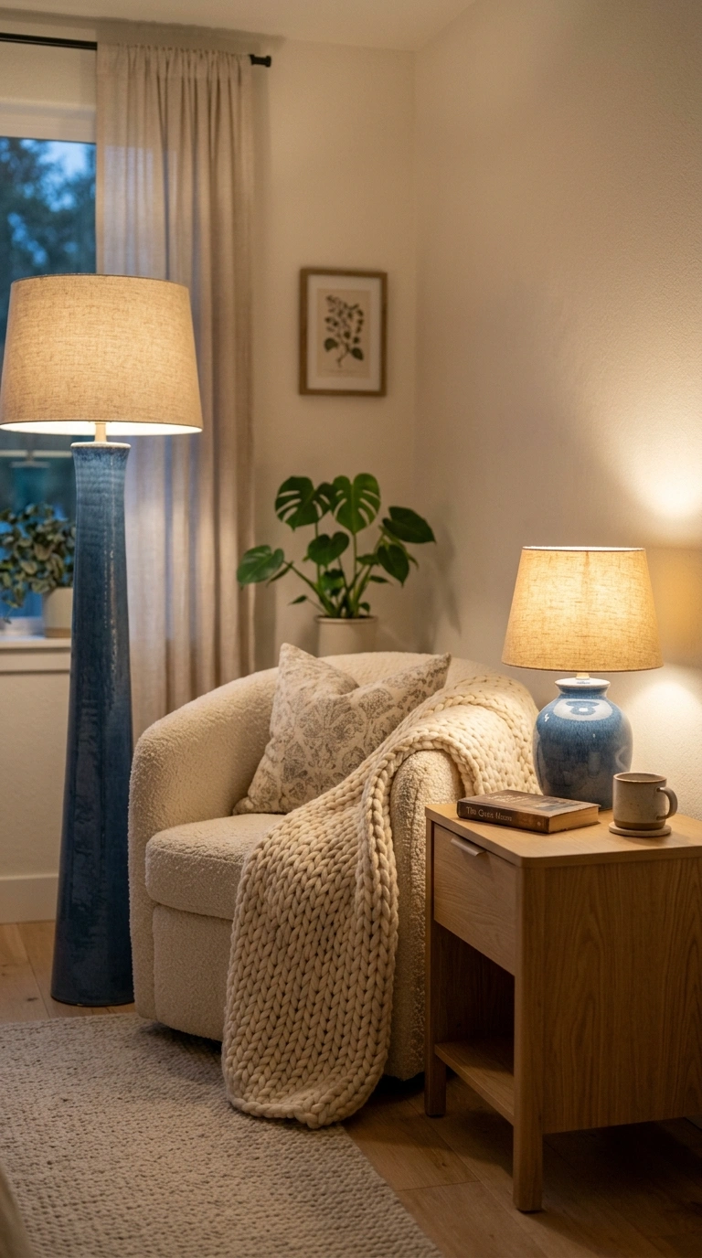 022 A calm bedroom corner with a tall blue ceramic flo