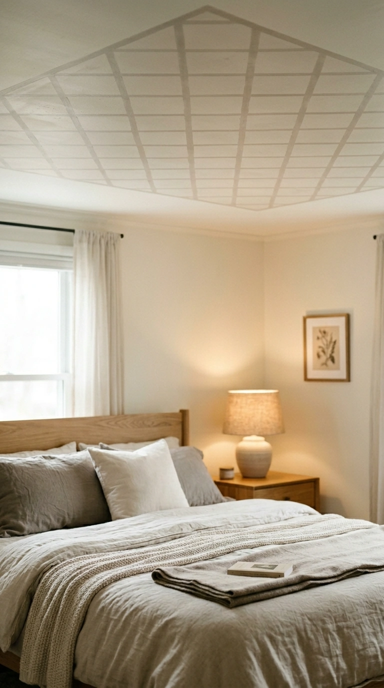 022 A calm bedroom with a painted ceiling rug effect a