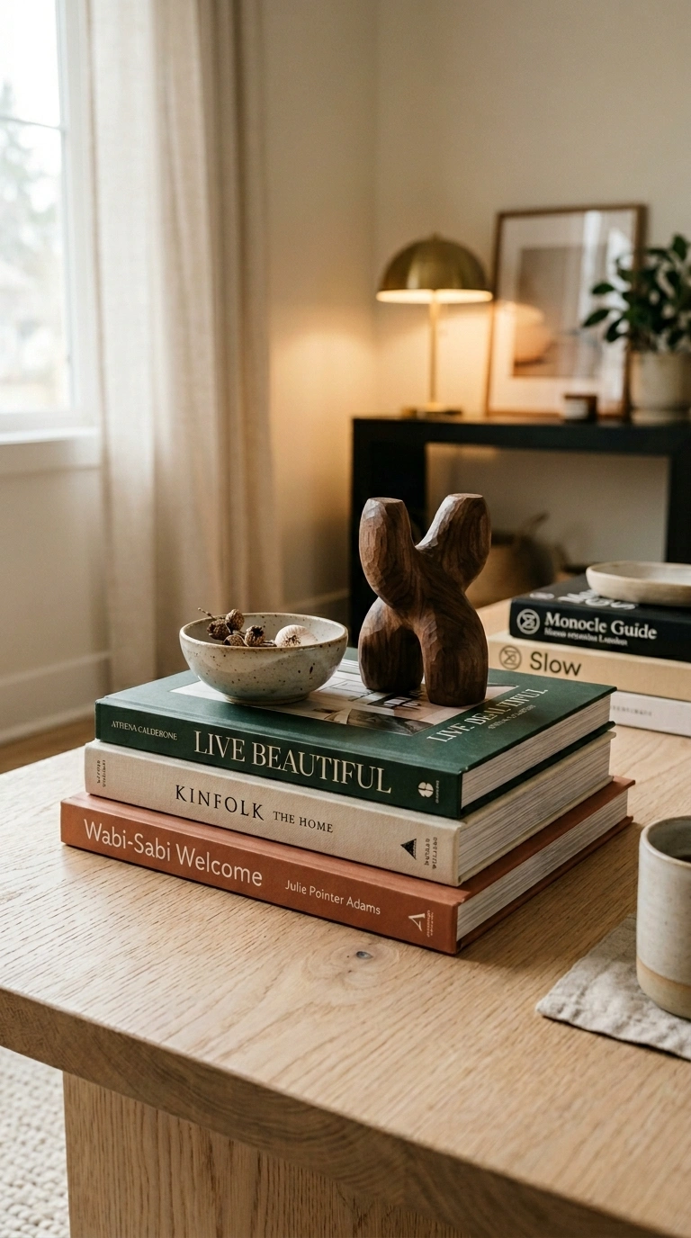 022 A curated stack of coffee table books on a pale oa