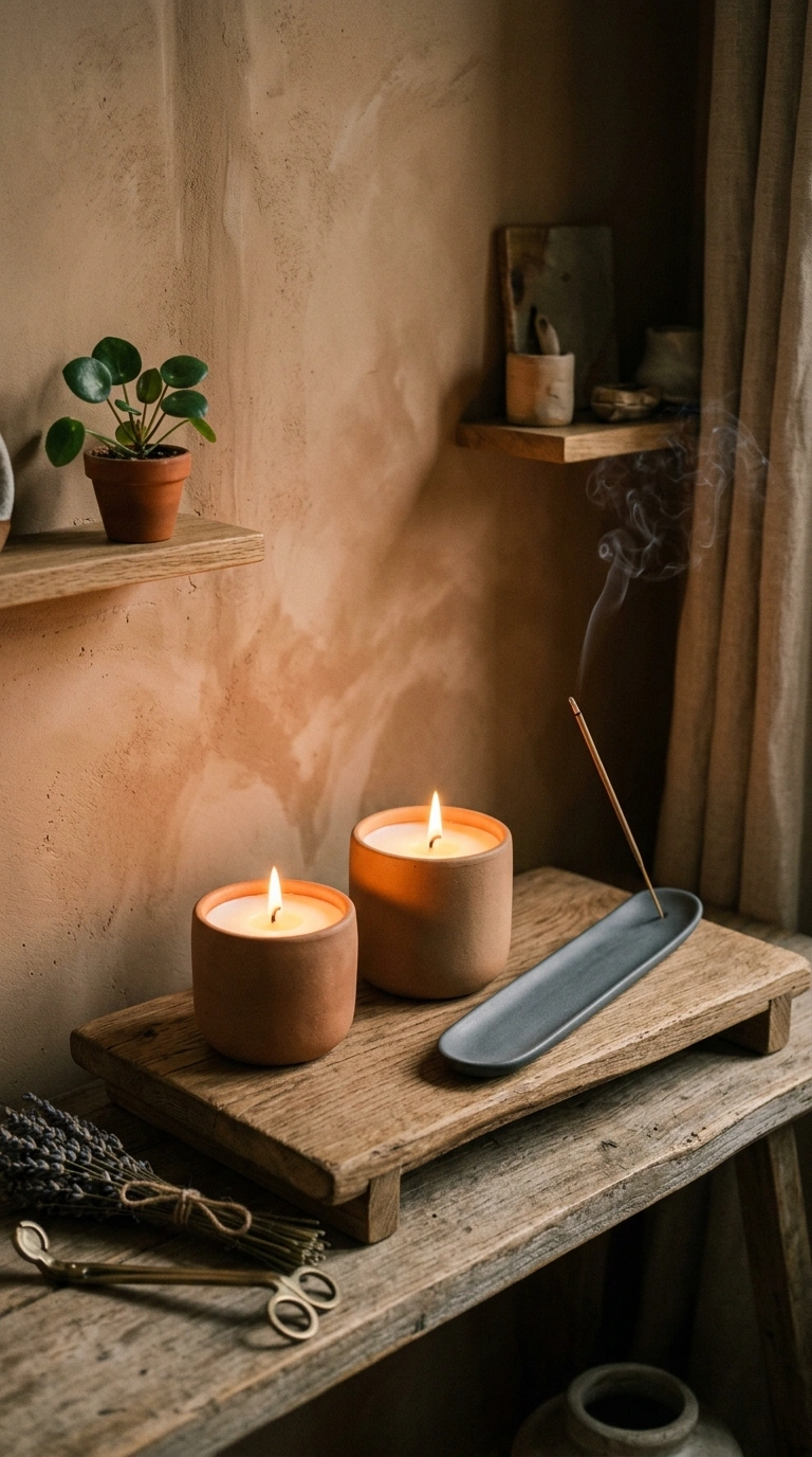 022 A quiet candle and incense corner on a low wooden