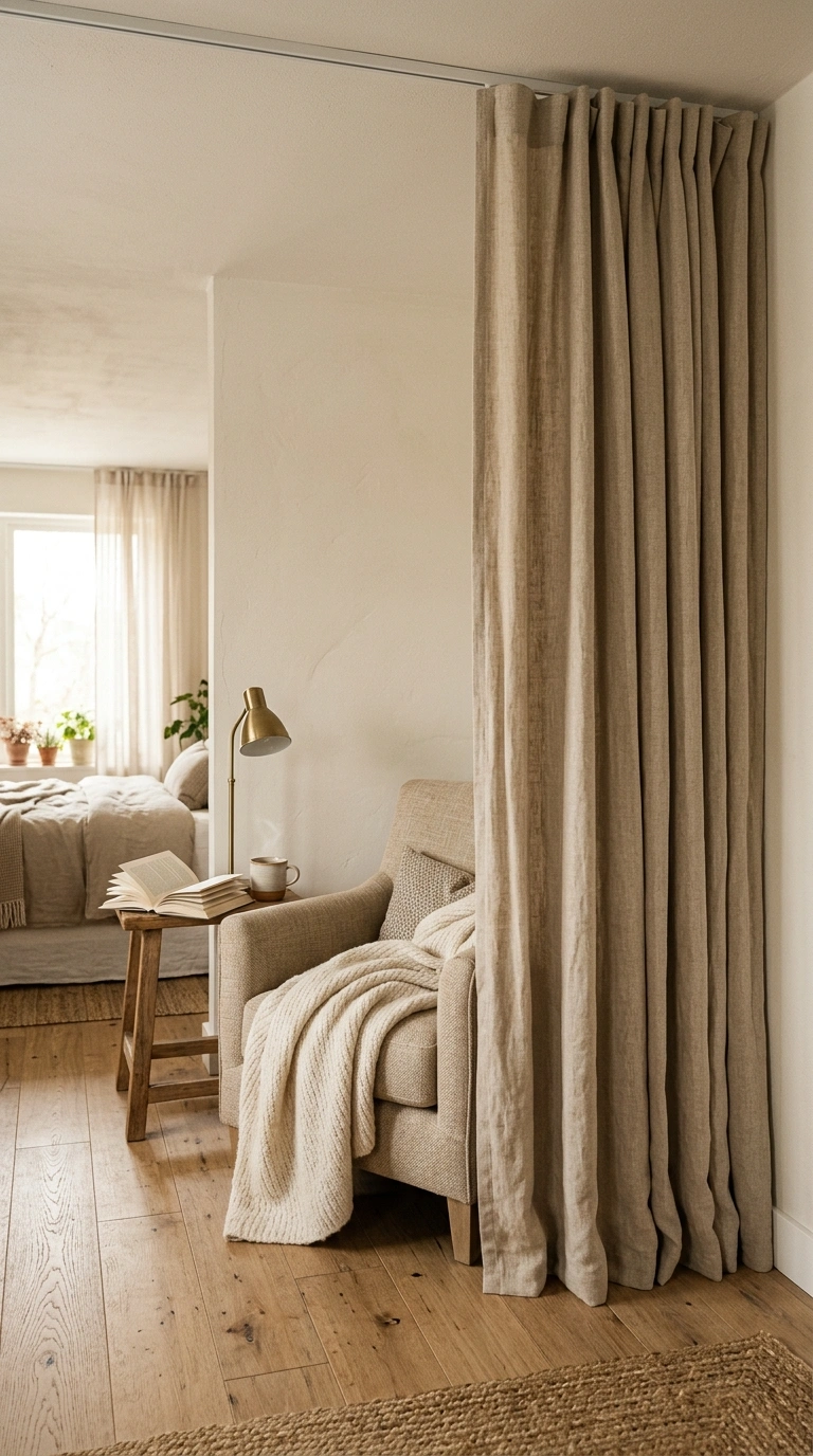 022 A warm oat linen curtain on a flush ceiling track