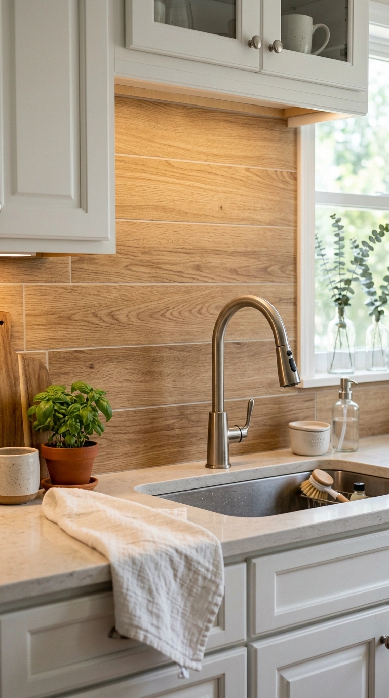 022 A wood look porcelain plank backsplash in warm hon