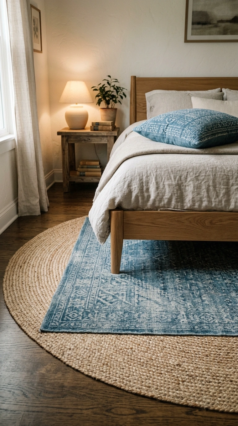023 A bedroom floor styled with a layered blue rug a l