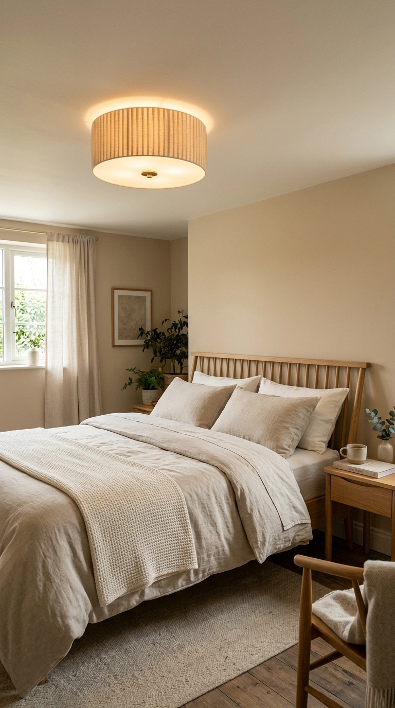 023 A cozy low ceiling bedroom with a warm linen drum