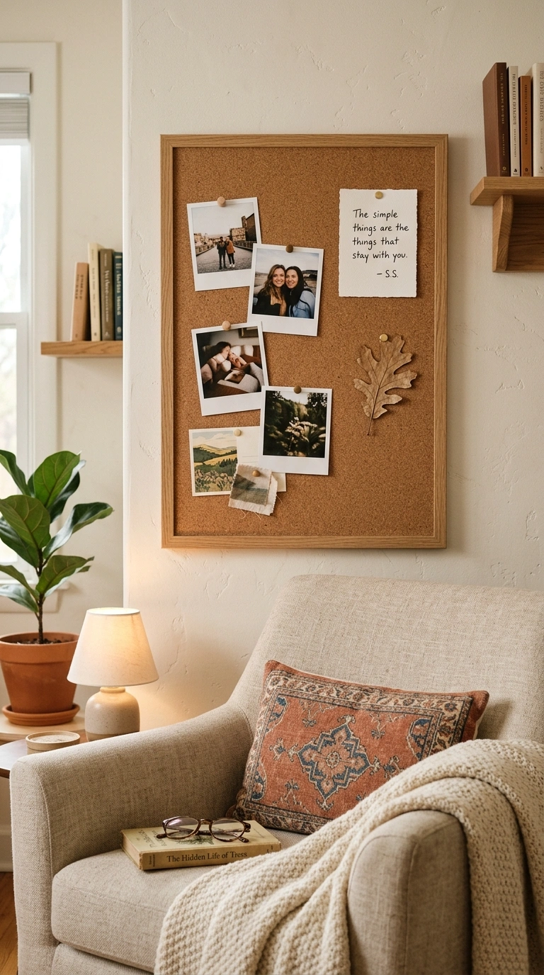 023 A natural cork pin board in a thin oak frame above