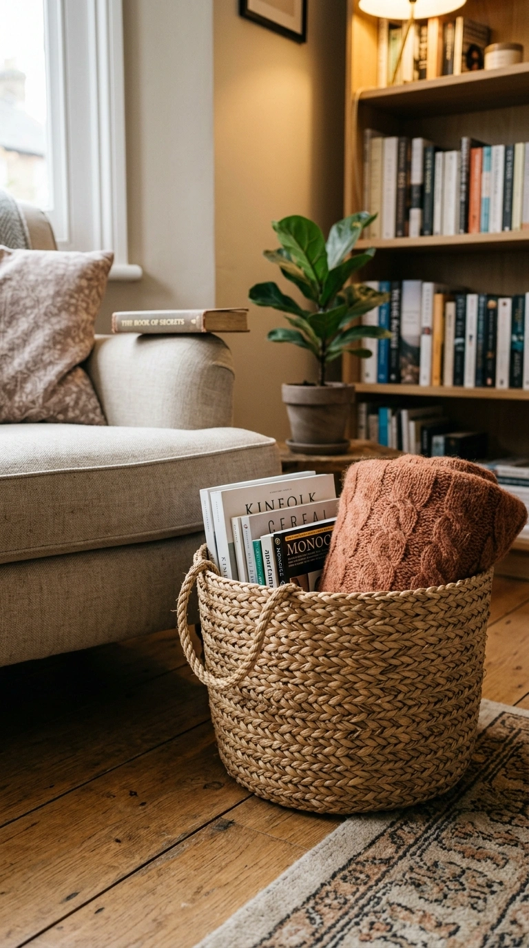 024 A natural tan seagrass basket beside a reading cha