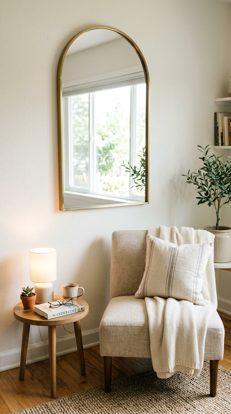 025 A slim arched mirror with a thin brass frame mount