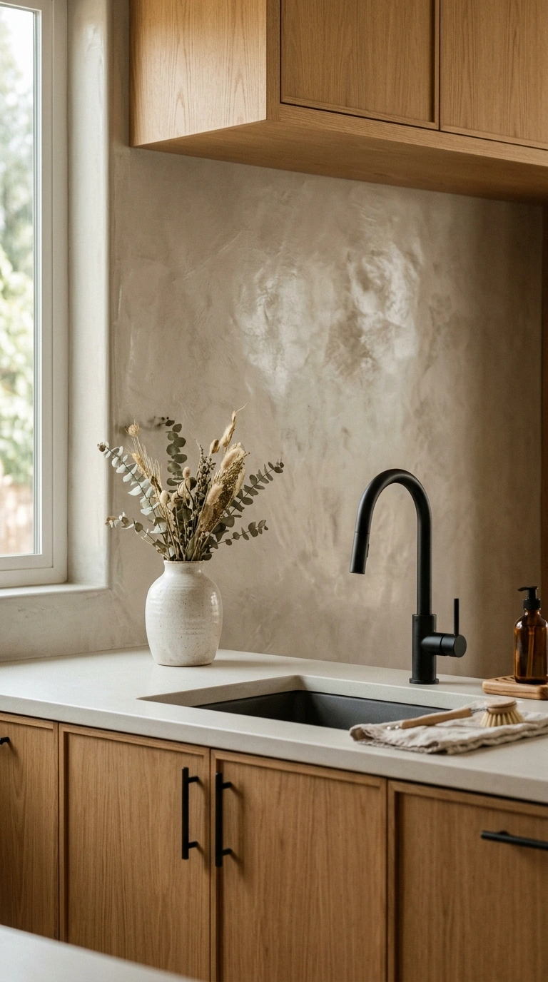 025 A tadelakt plaster backsplash in warm greige with