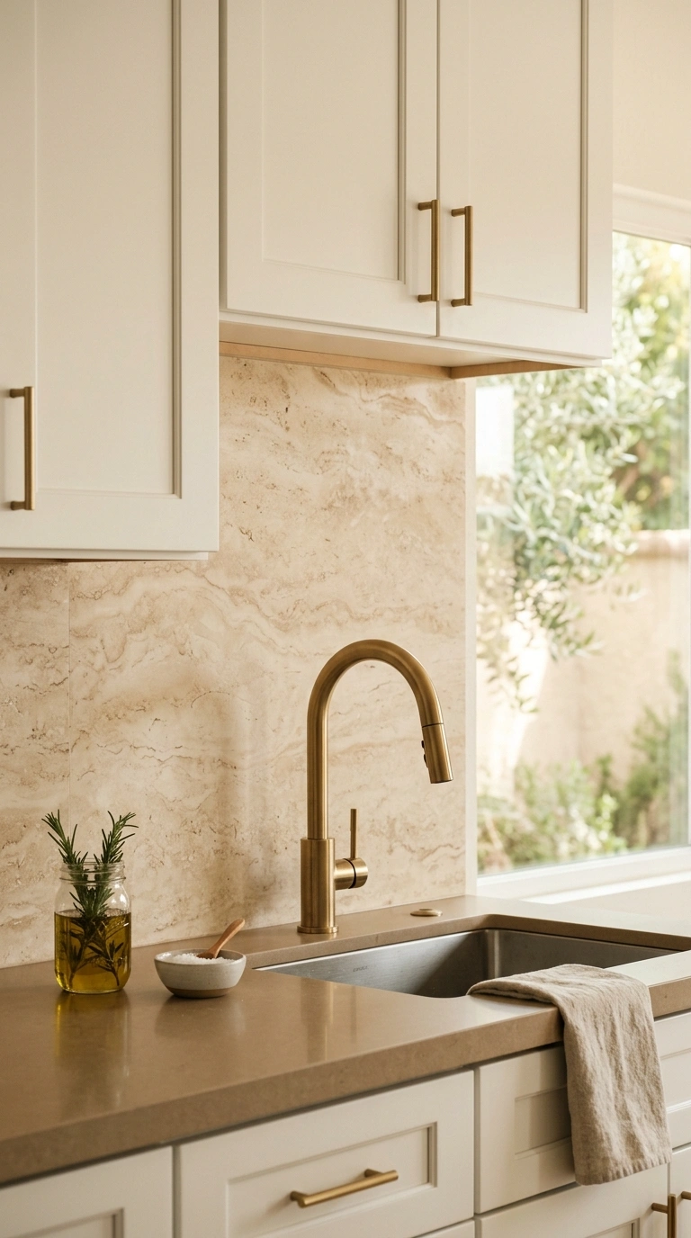 026 A honed travertine slab backsplash in warm cream a