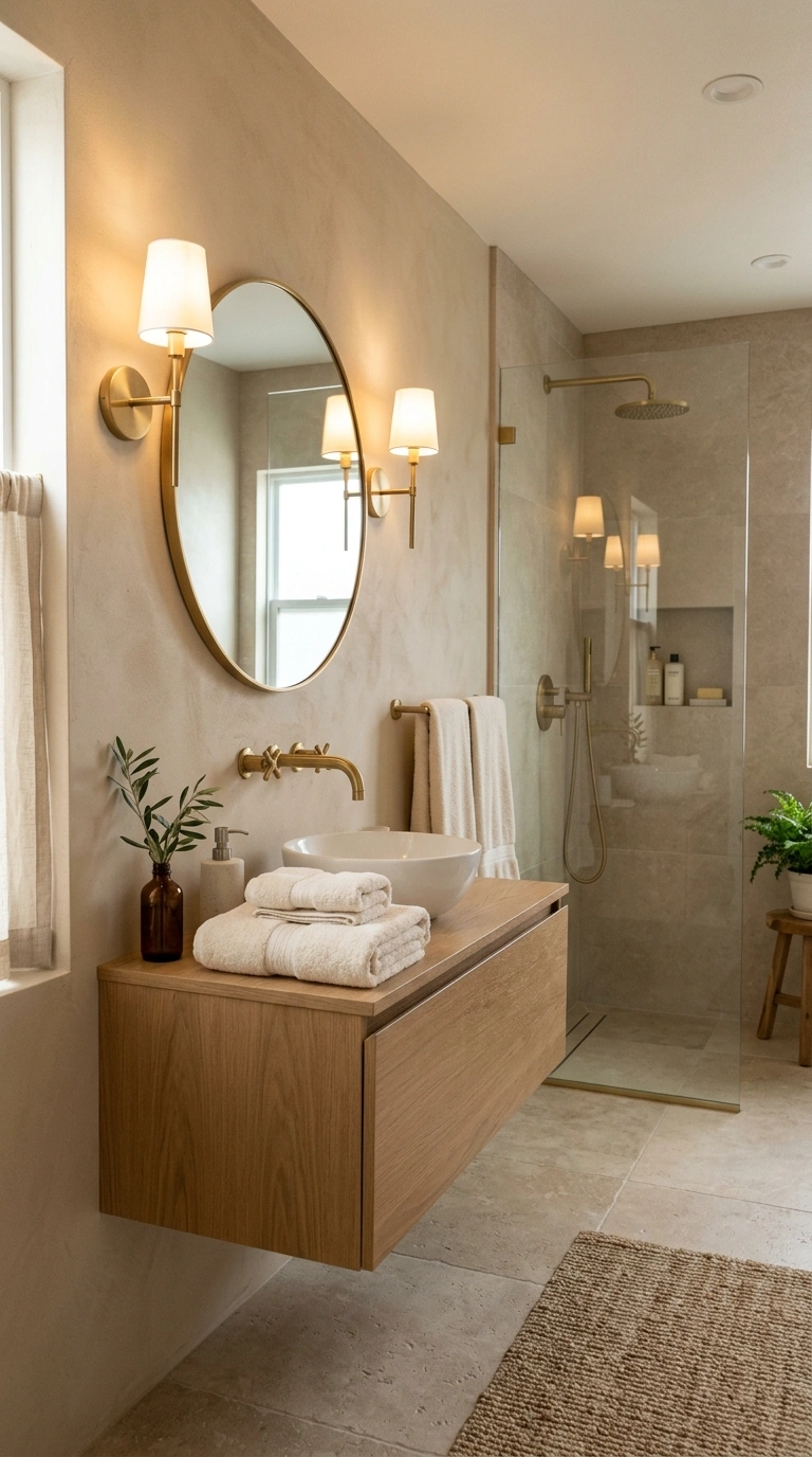 001 A bathroom in a warm neutral palette with sand ton