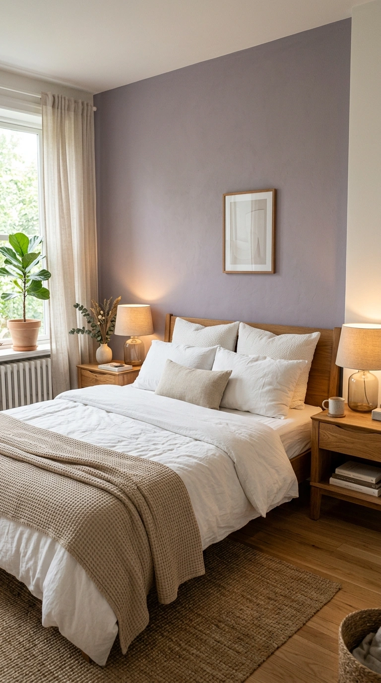 001 A bedroom with a dusty muted lavender accent wall