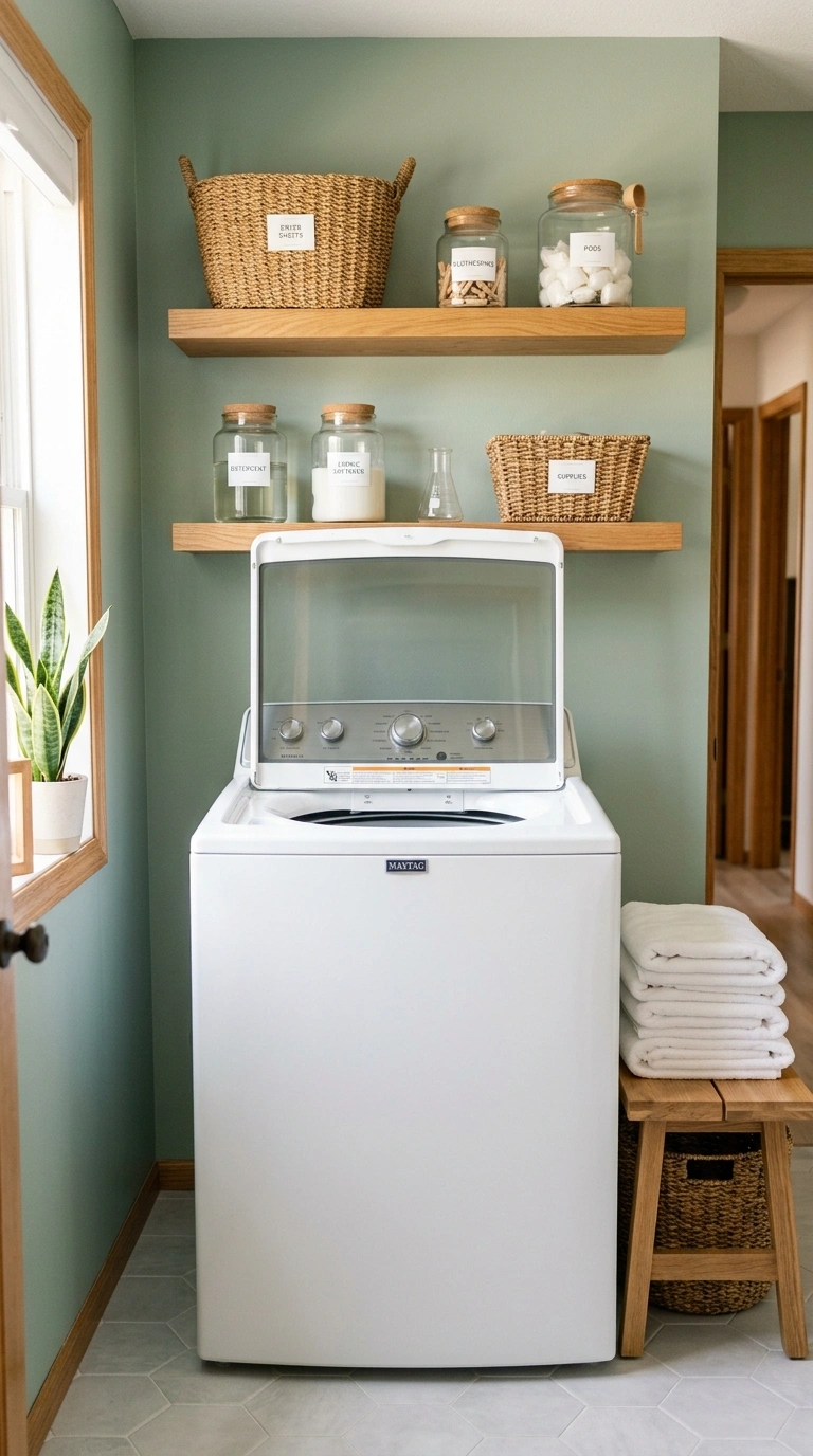 001 A bright laundry room with a white top load washer 1