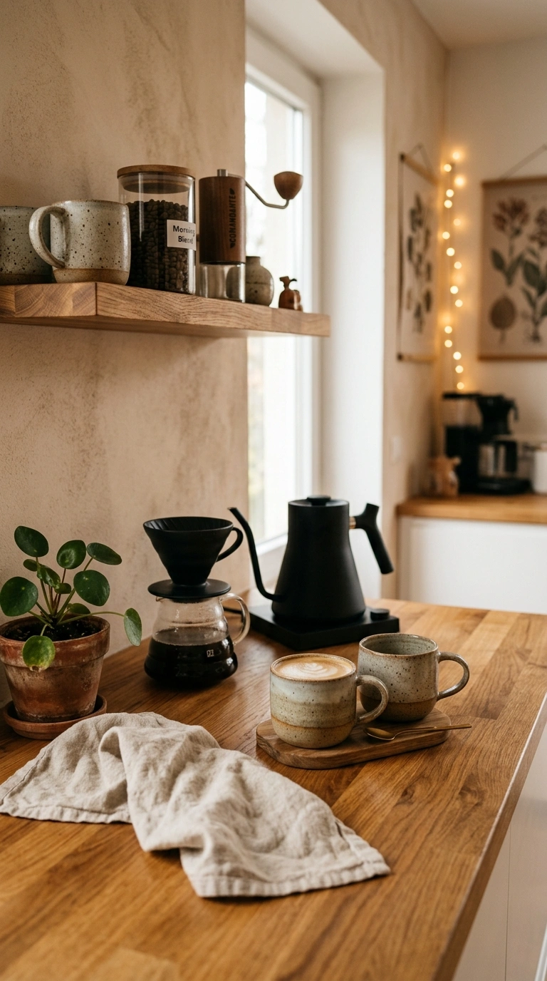 001 A cozy home coffee bar on a warm oak counter with