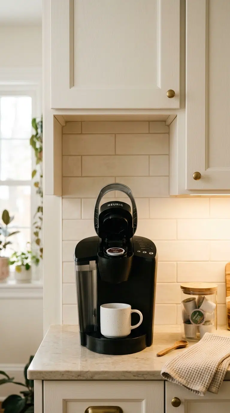 001 A kitchen counter with a Keurig coffee maker posit