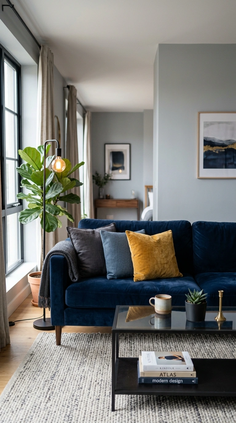 001 A modern living room anchored by a deep navy velve
