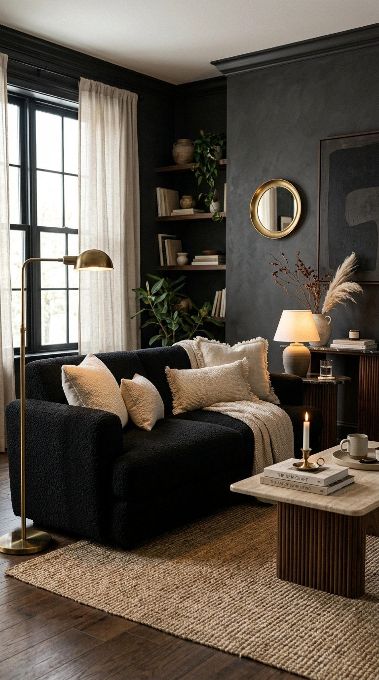 001 A moody living room anchored by a deep black boucl