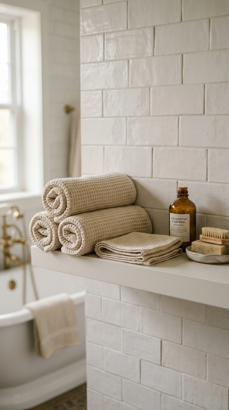 001 A neutral bathroom shelf styled with a stack of ro