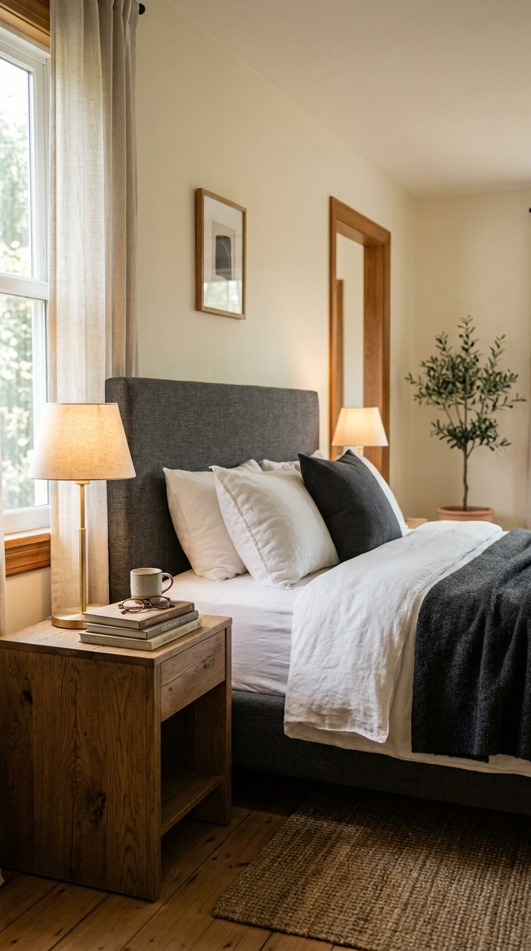 001 A serene bedroom with warm ivory walls and a charc