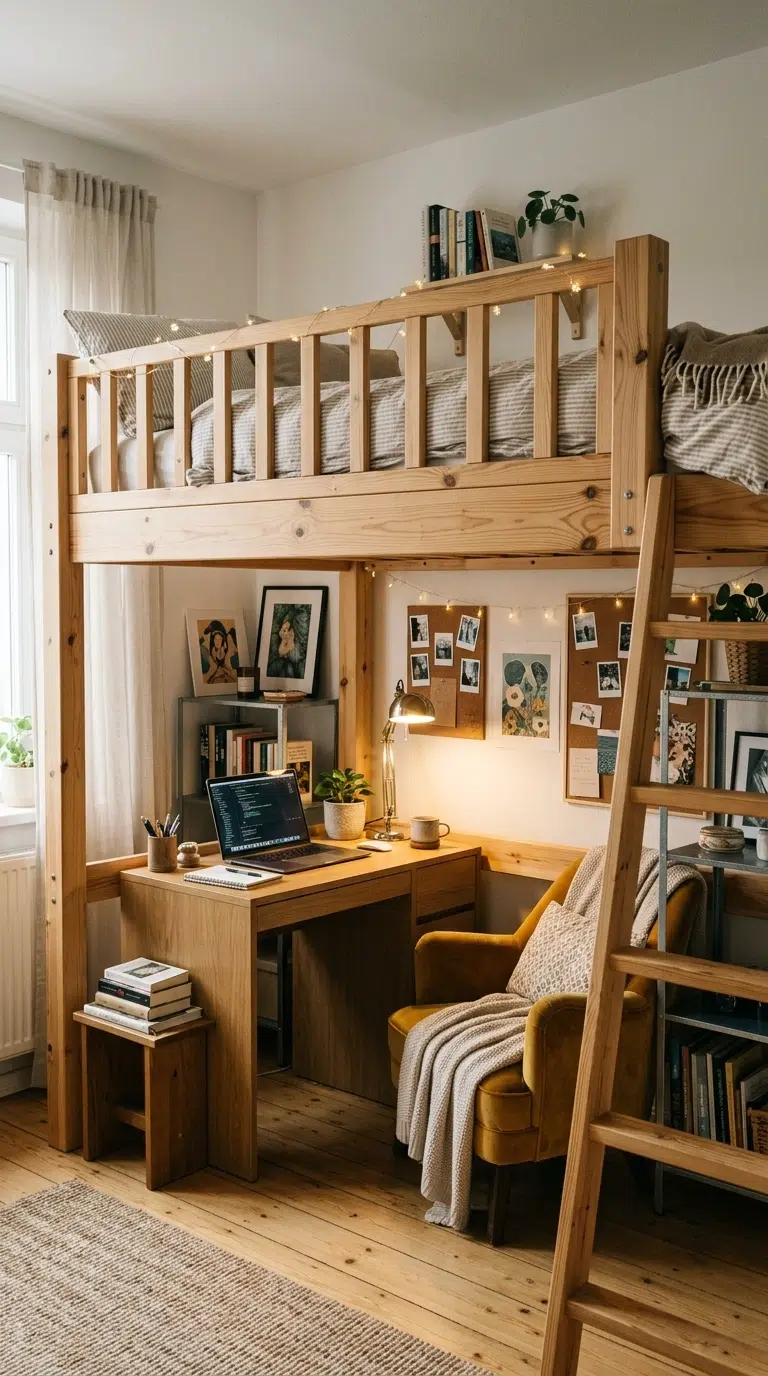 001 A small teen bedroom with a loft bed raised above