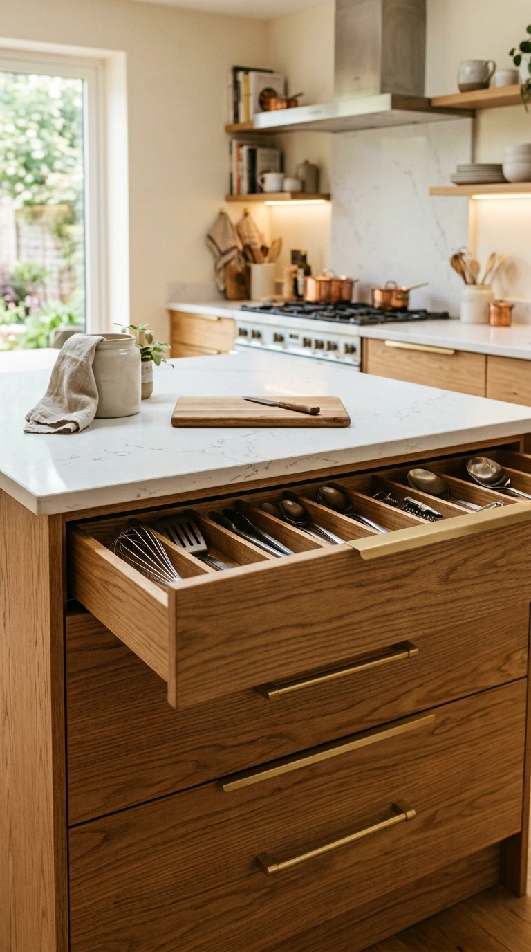001 A warm modern kitchen island fitted with a run of