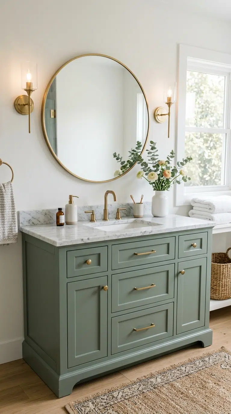 001 Sage Green Vanity A matte sage green vanity with b