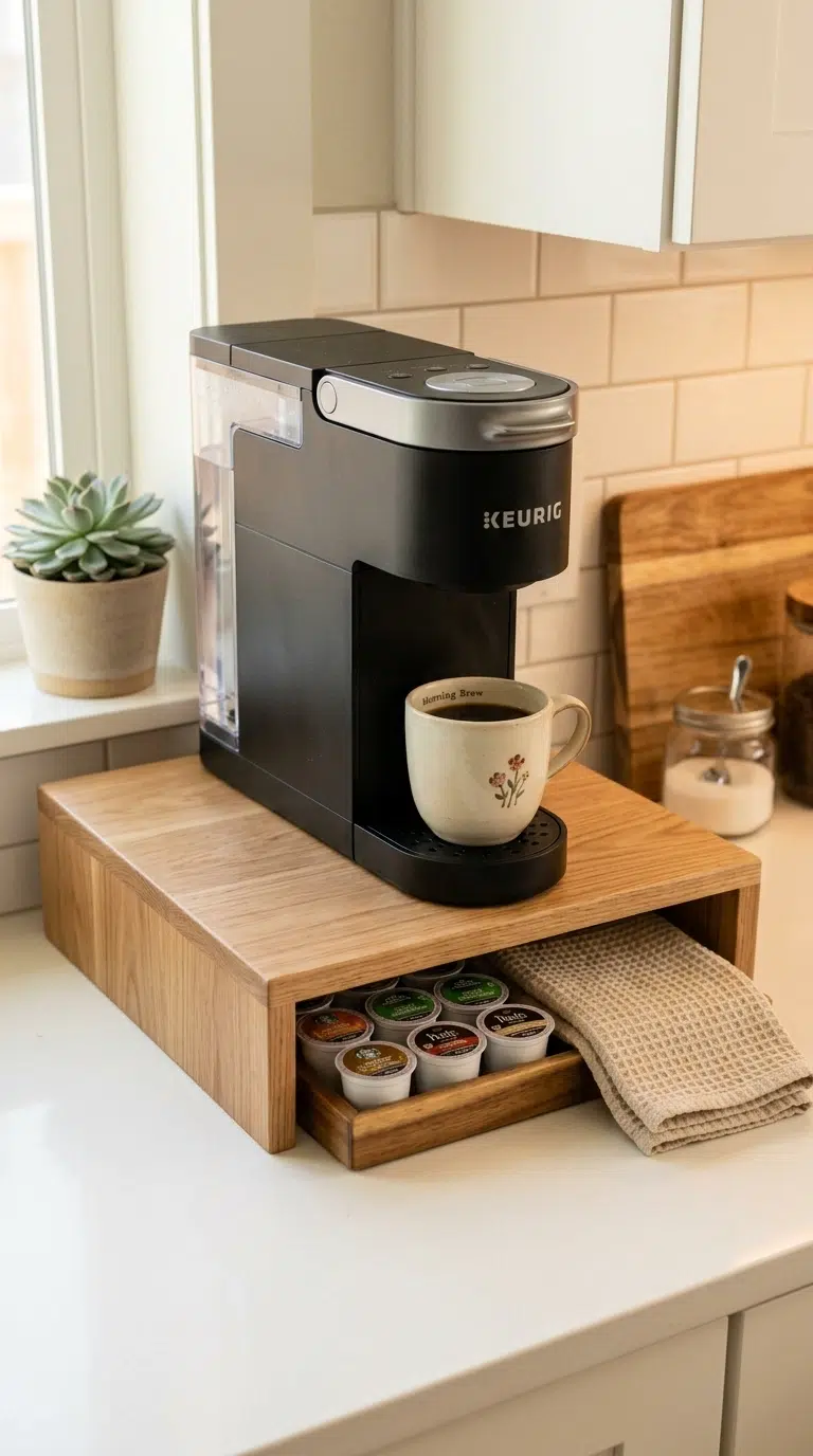 002 A Keurig coffee maker sitting on a simple wood ris