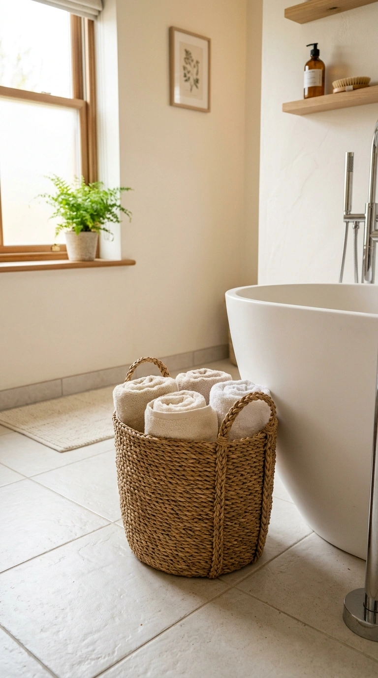 002 A bathroom floor beside a freestanding tub holding