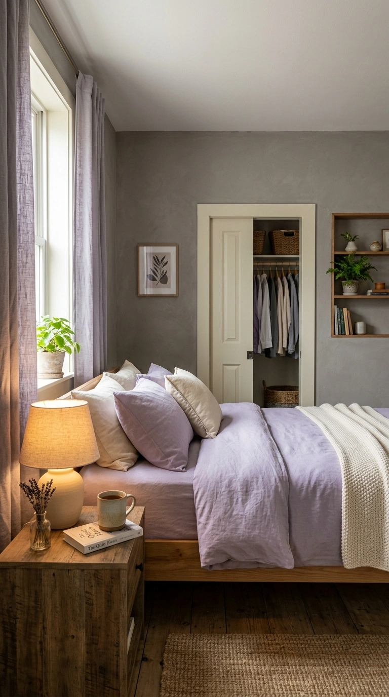 002 A bedroom with warm gray walls and lavender beddin