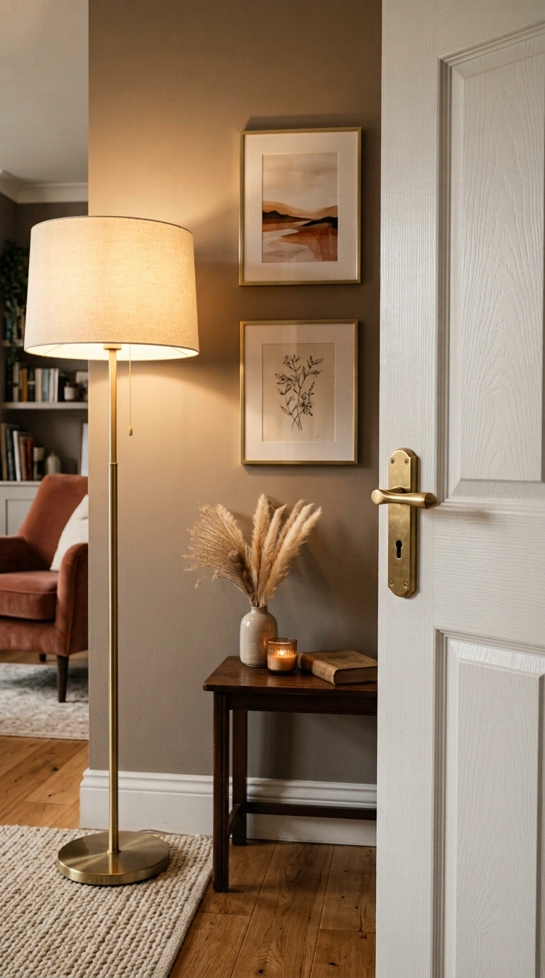 002 A close up vignette of a taupe walled living room