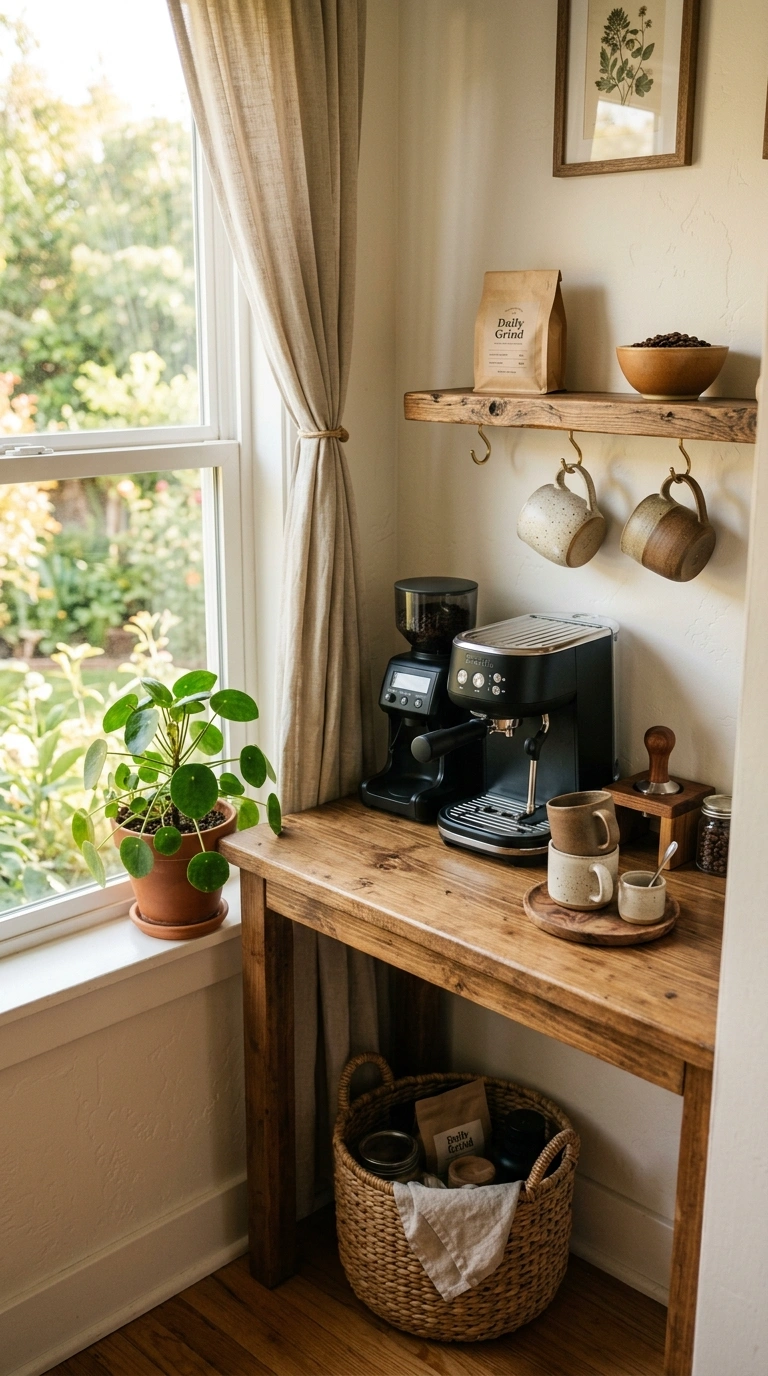 002 A home coffee bar tucked into a cozy corner by a w