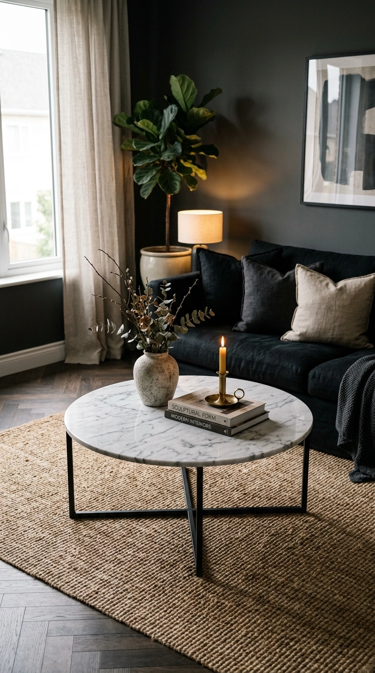 002 A living room with a round white veined marble cof