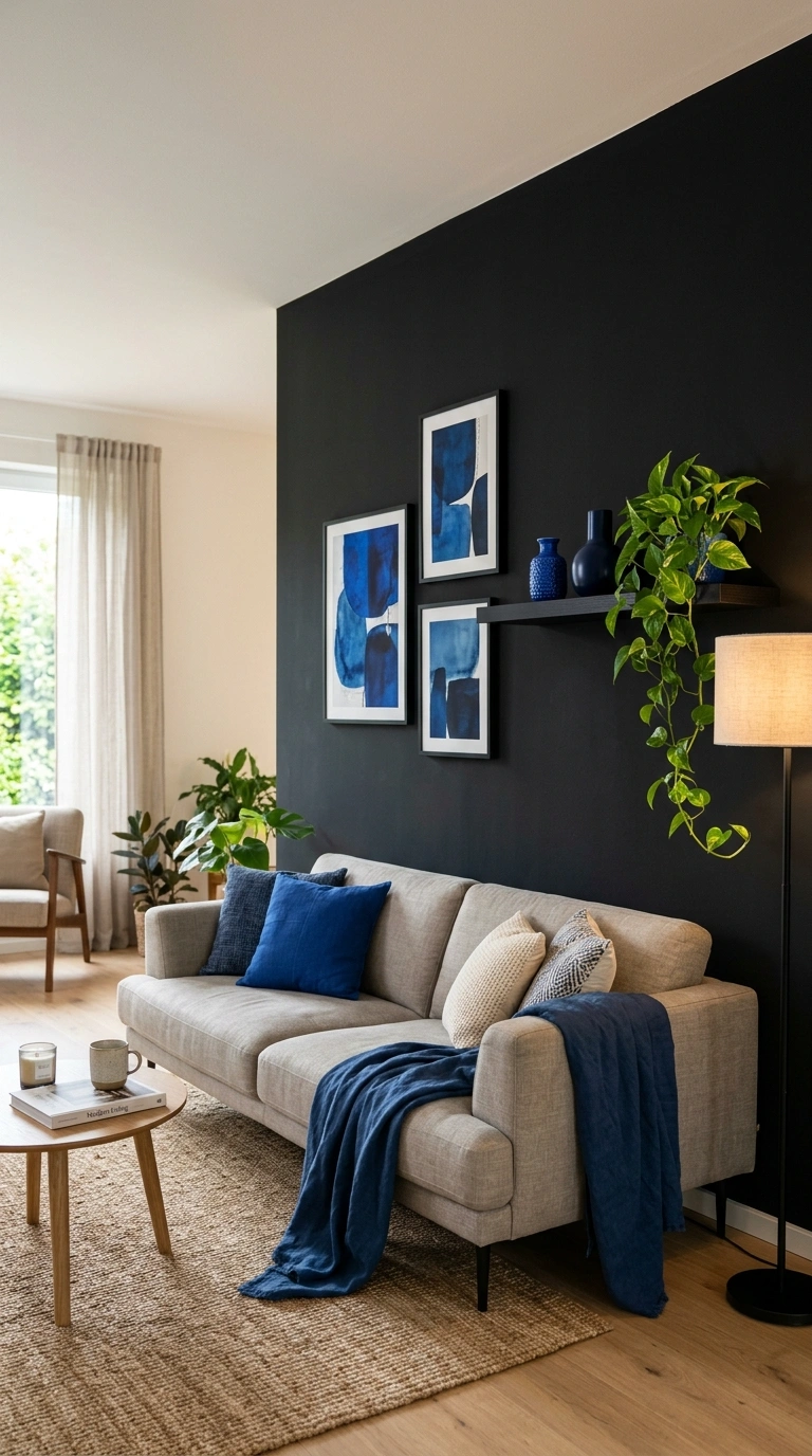 002 A living room with one matte black feature wall be
