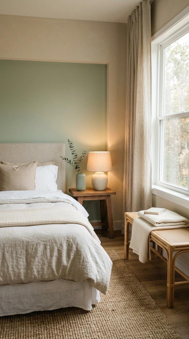 002 A restful bedroom with three oat beige walls and o