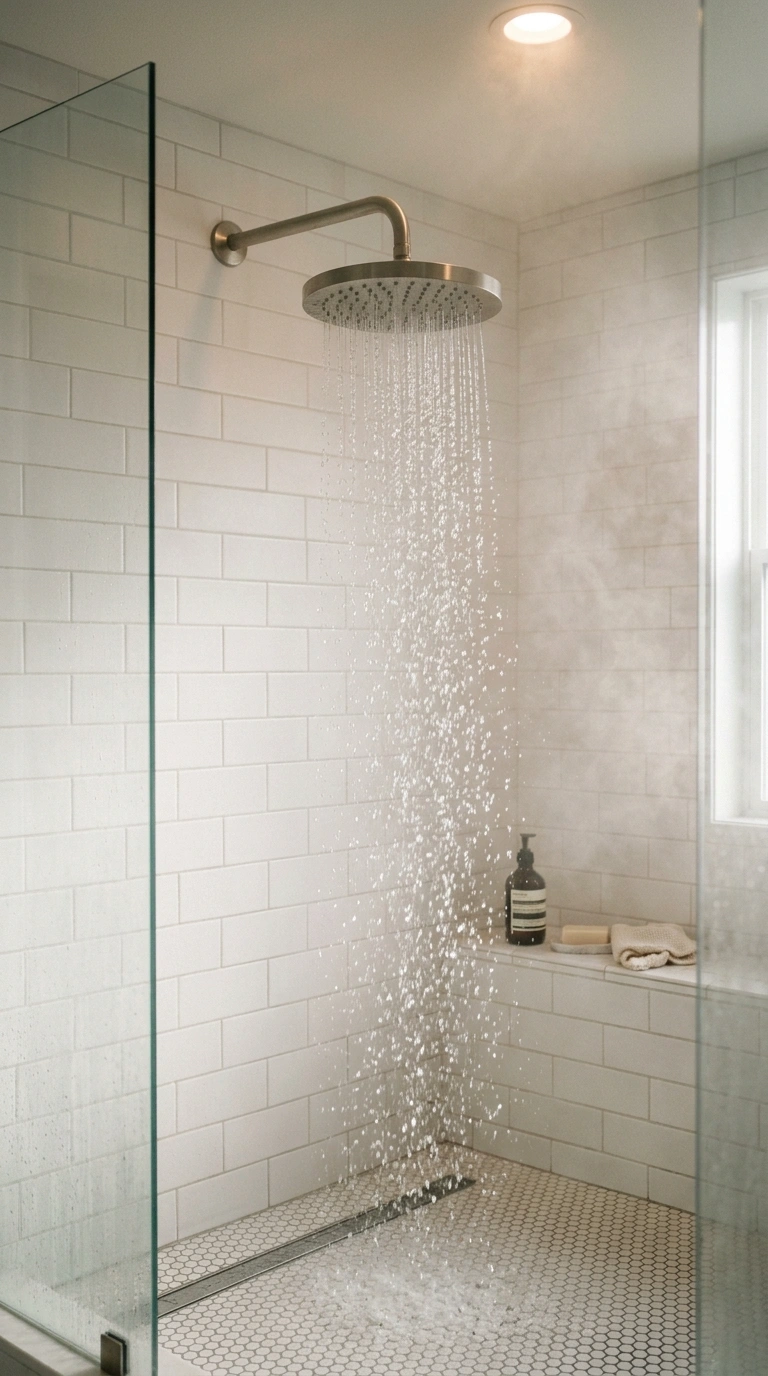 002 A shower with an overhead rainfall showerhead mid