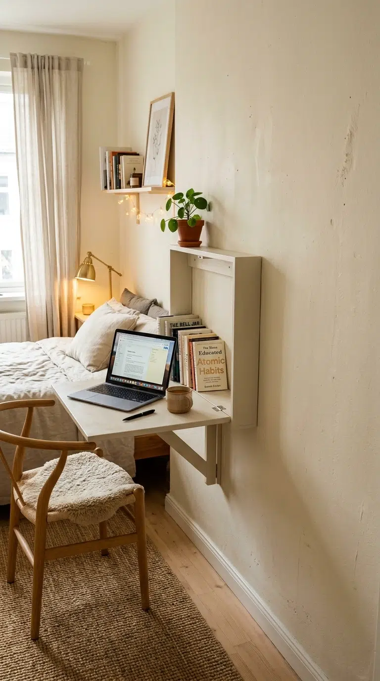 002 A small bedroom wall with a fold down desk