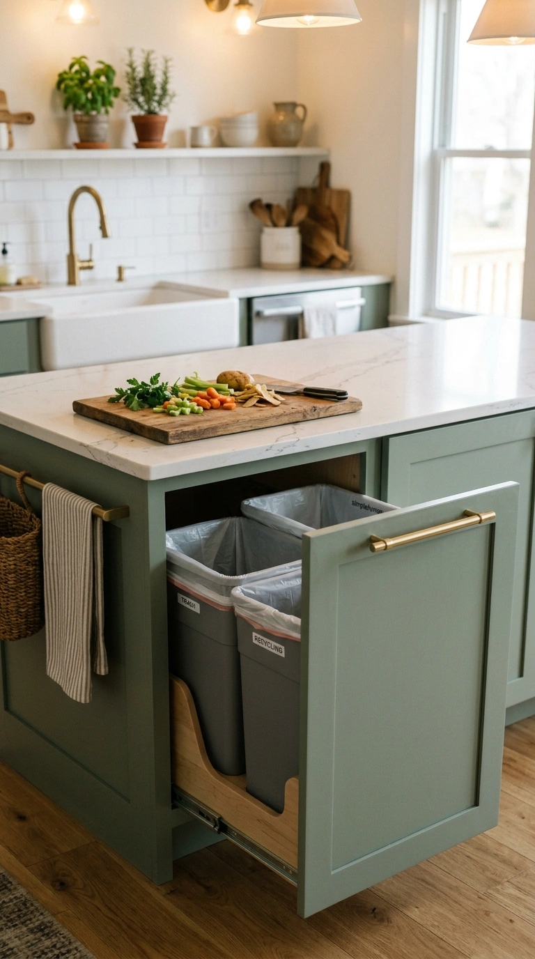 002 A tidy kitchen island with a pull out trash and re