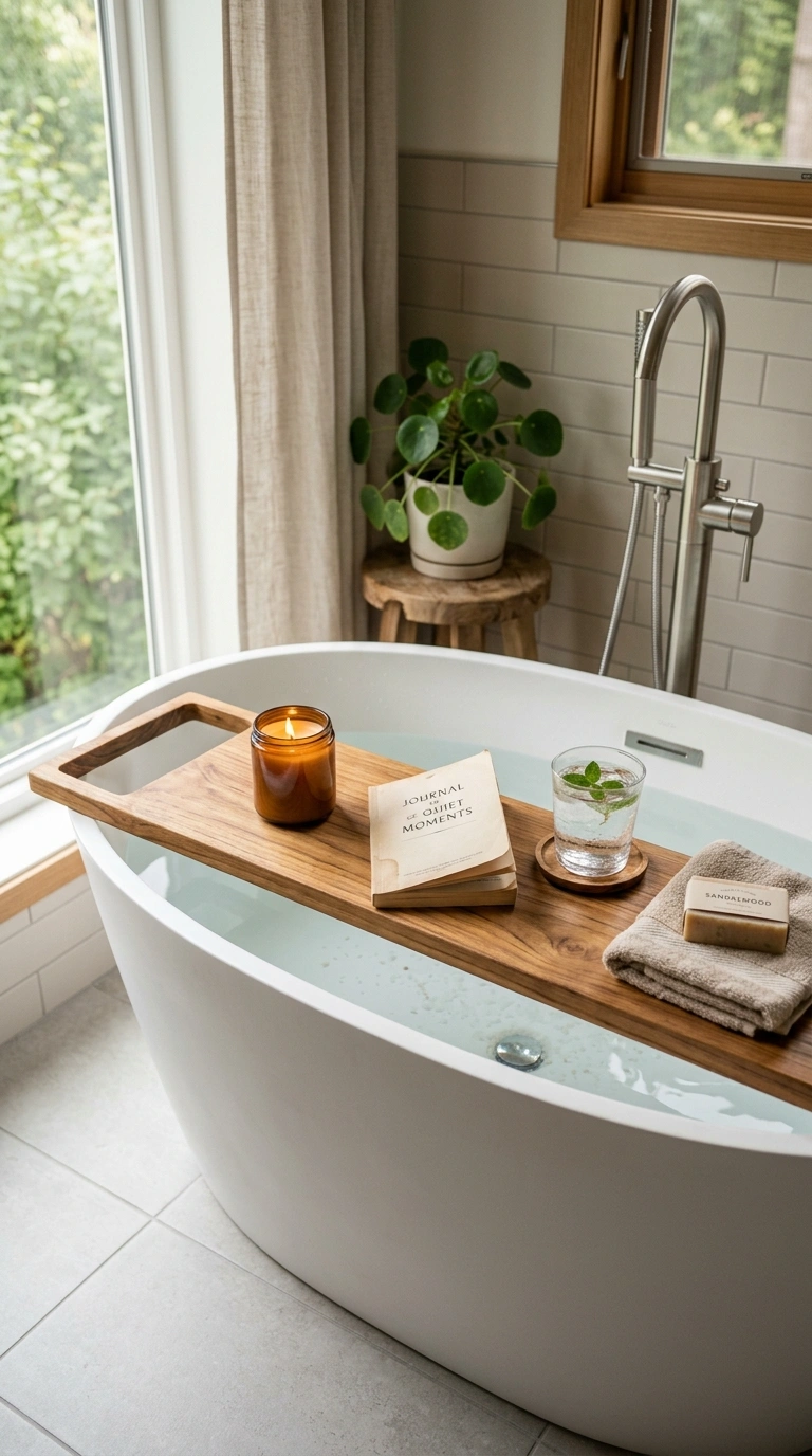 002 Wooden Bath Tray A freestanding white bathtub with