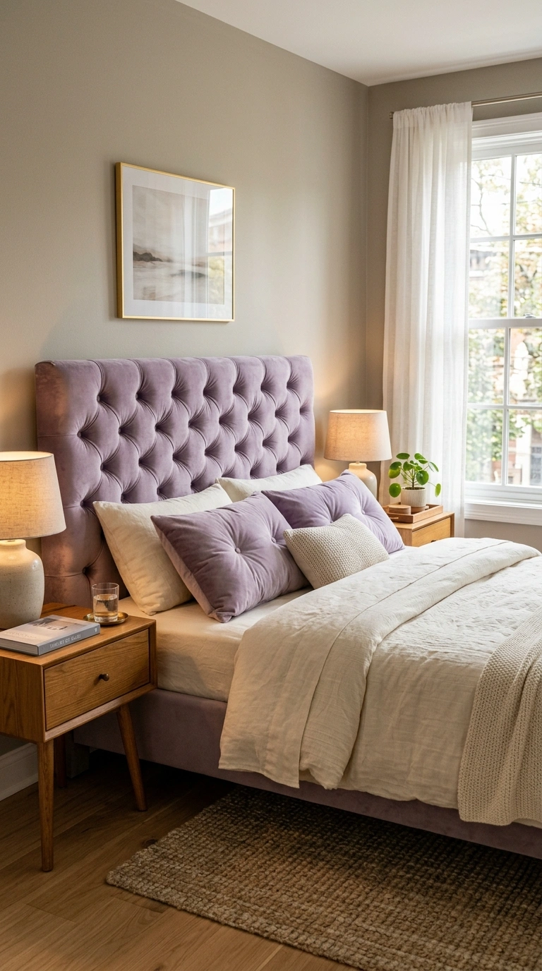 003 A bedroom featuring a tufted lavender velvet headb