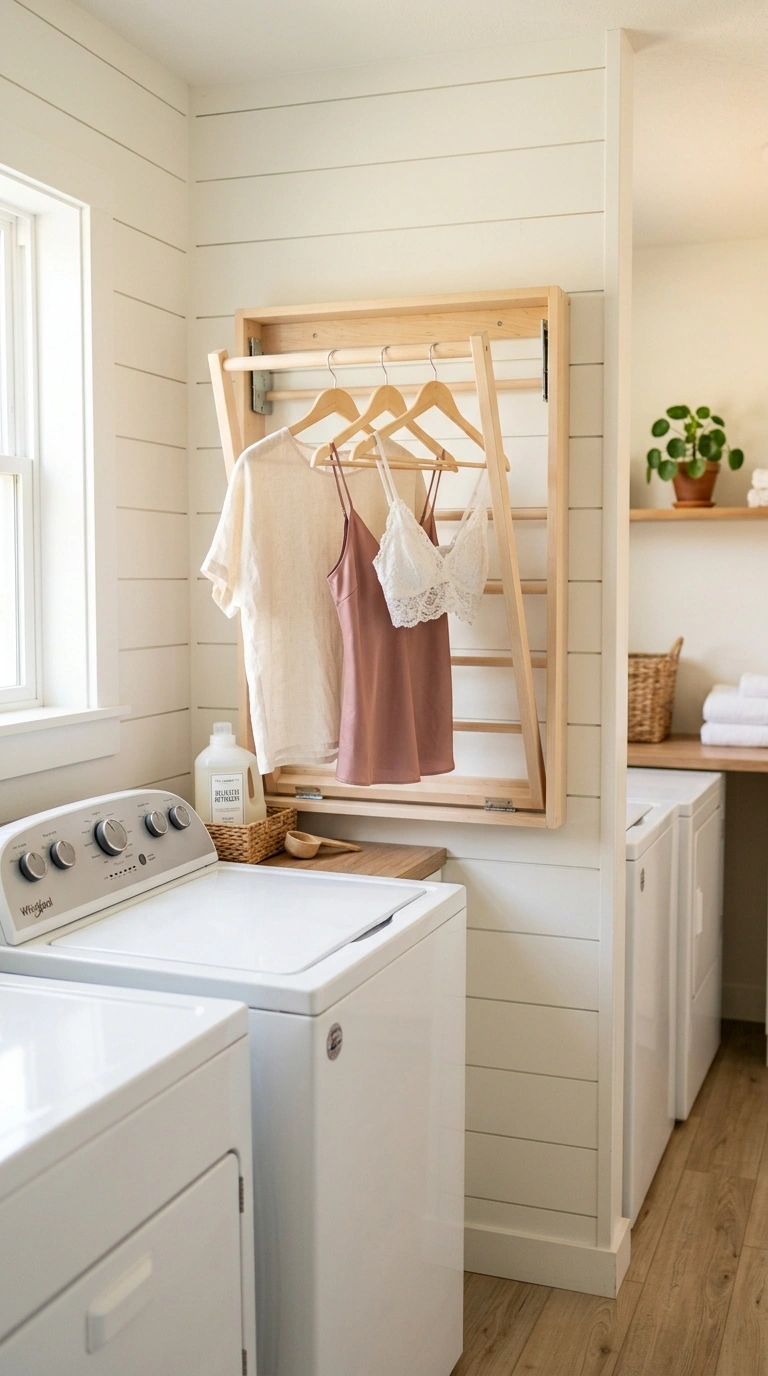 003 A fold down natural birch drying rack mounted on w 1