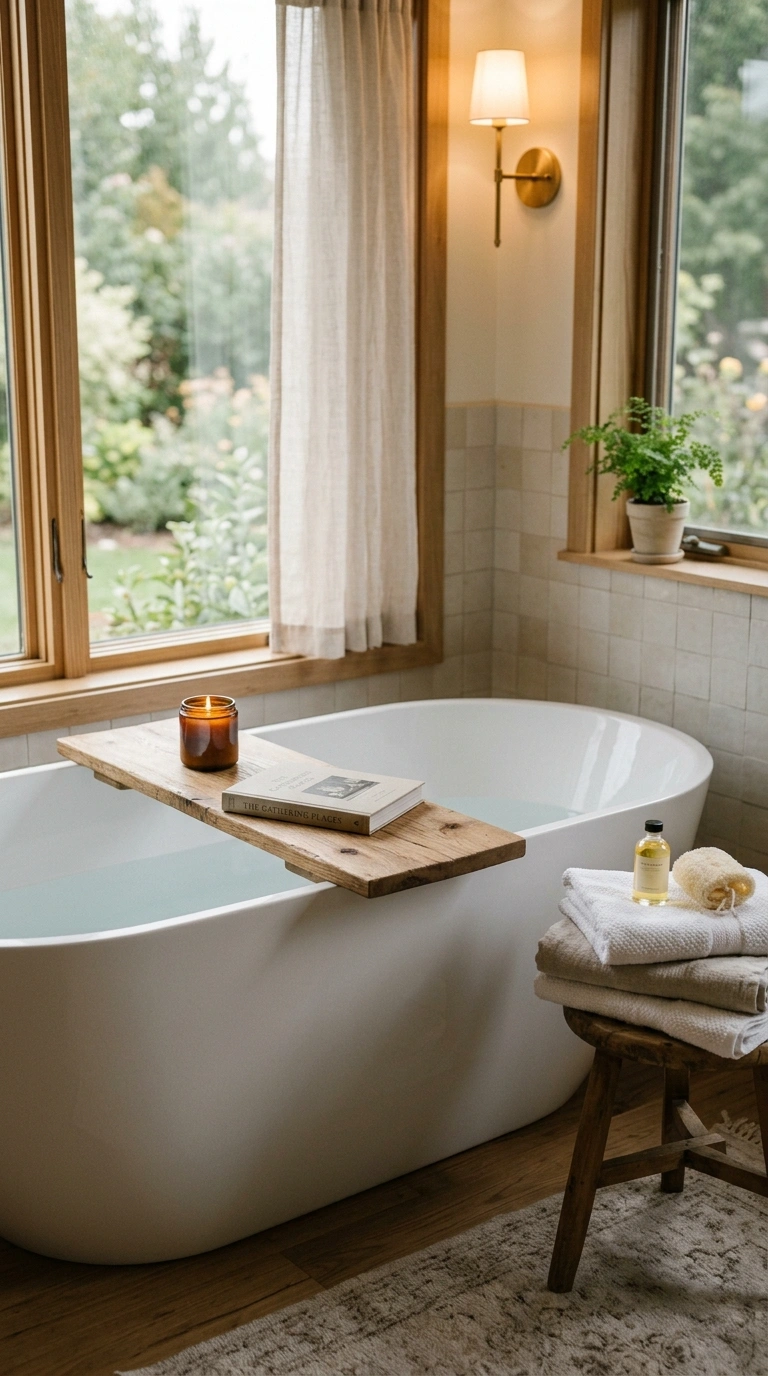 003 A freestanding soaking tub with a wooden bath tray