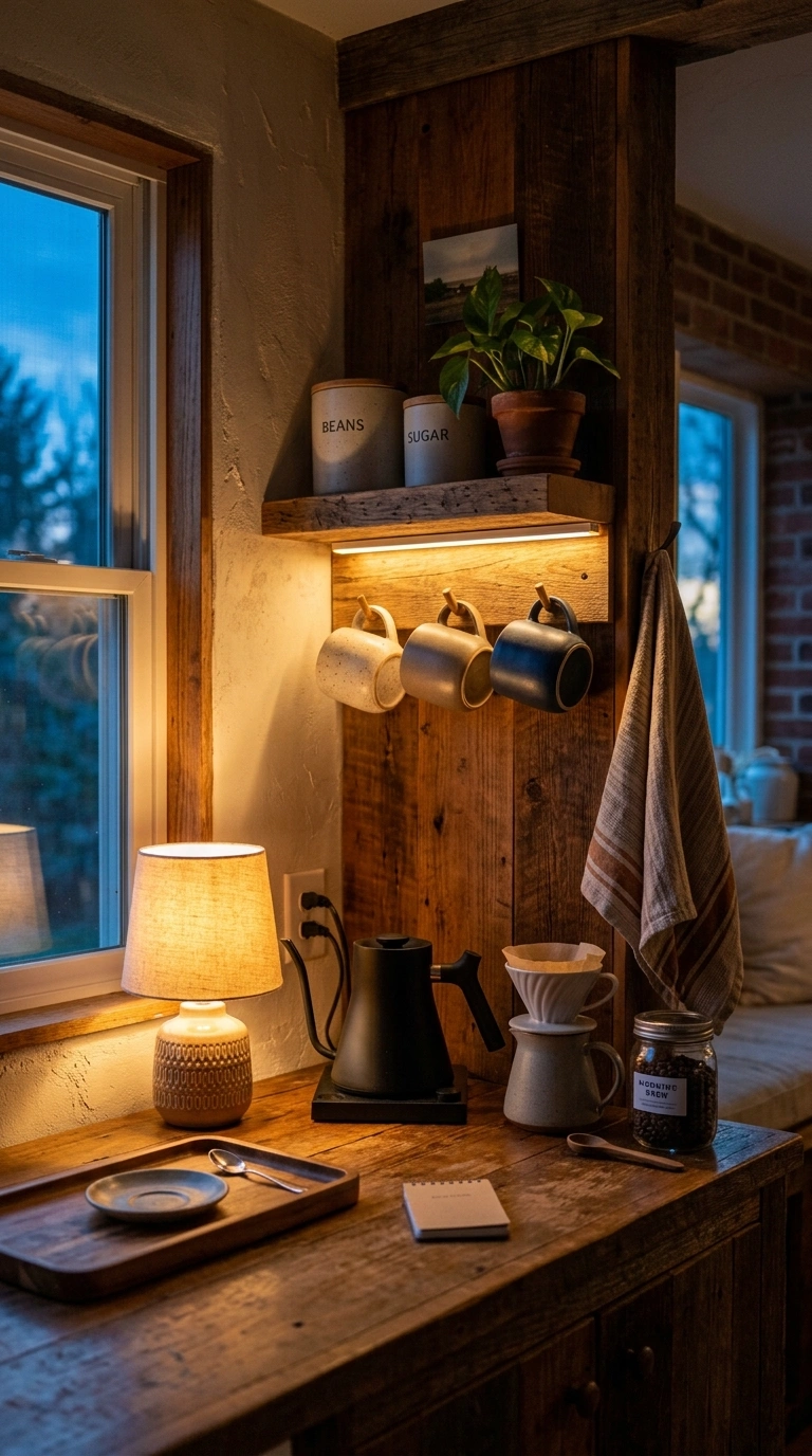 003 A home coffee bar at dawn lit by a small warm lamp