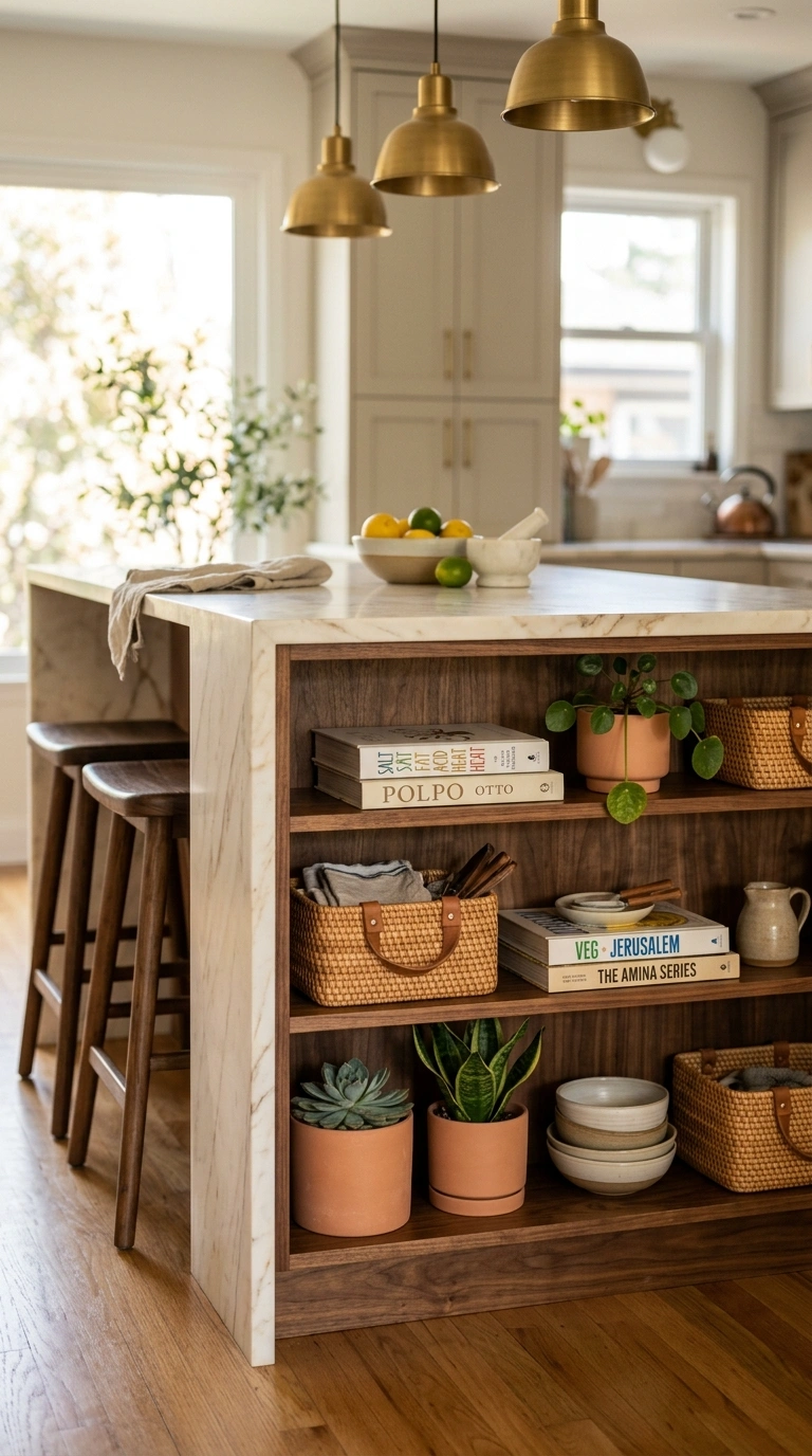 003 A kitchen island seating side lined with three ope
