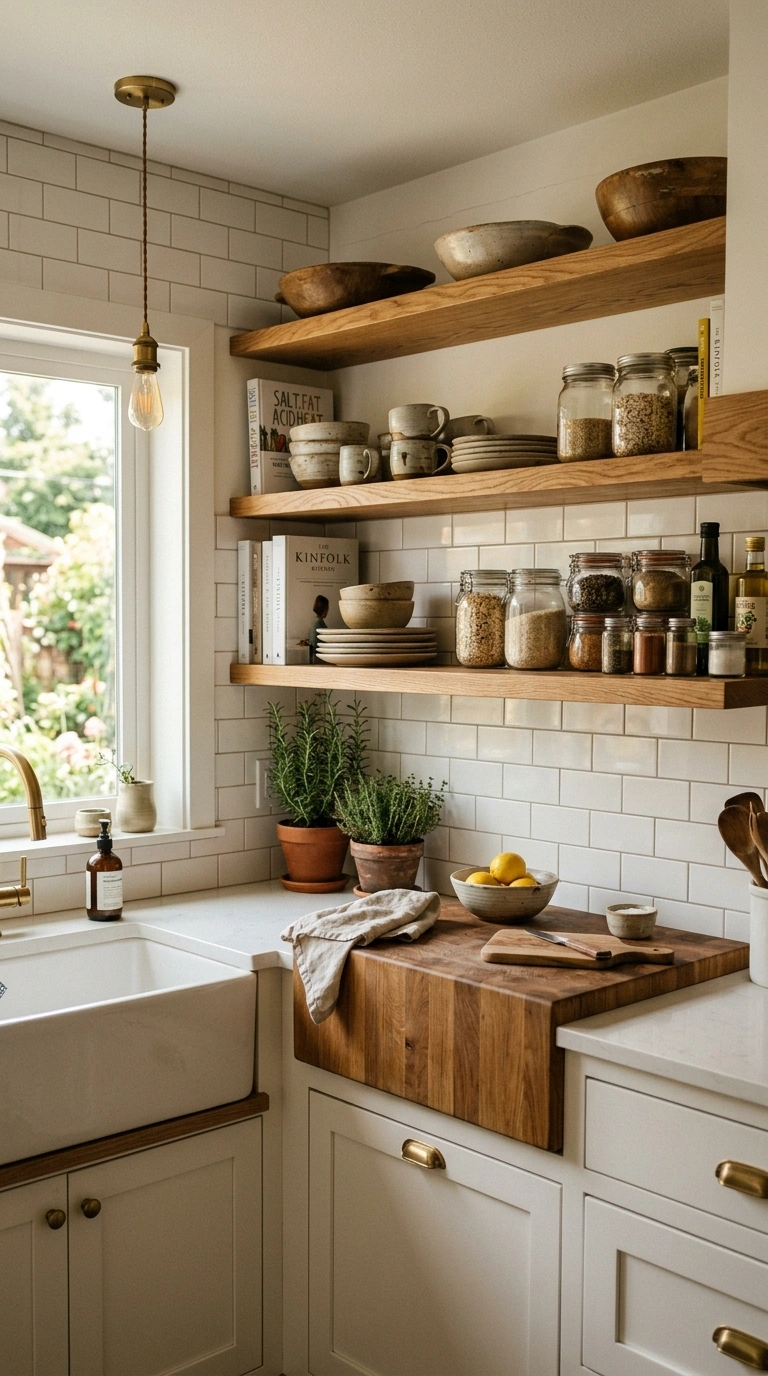 003 A kitchen warmed by natural wood open wood shelves