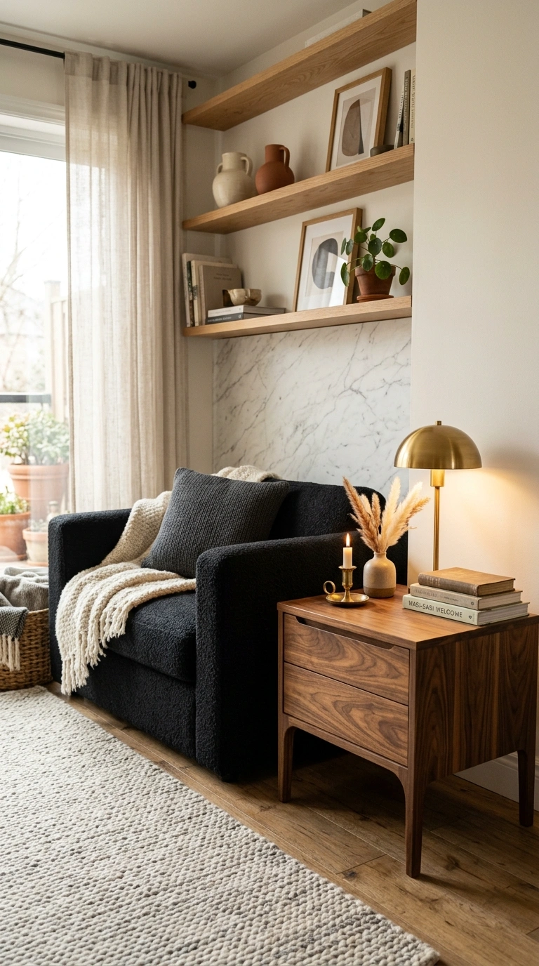 003 A living room warmed by natural wood a walnut side