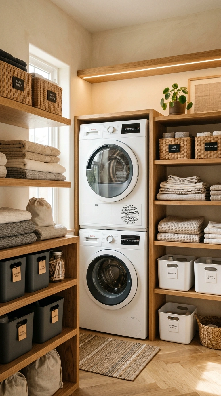 003 A stacked washer and dryer flanked on both sides b
