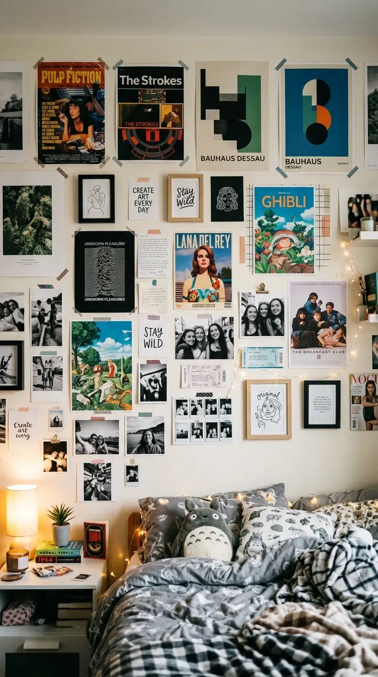 003 A teen bedroom gallery wall mixing posters photos