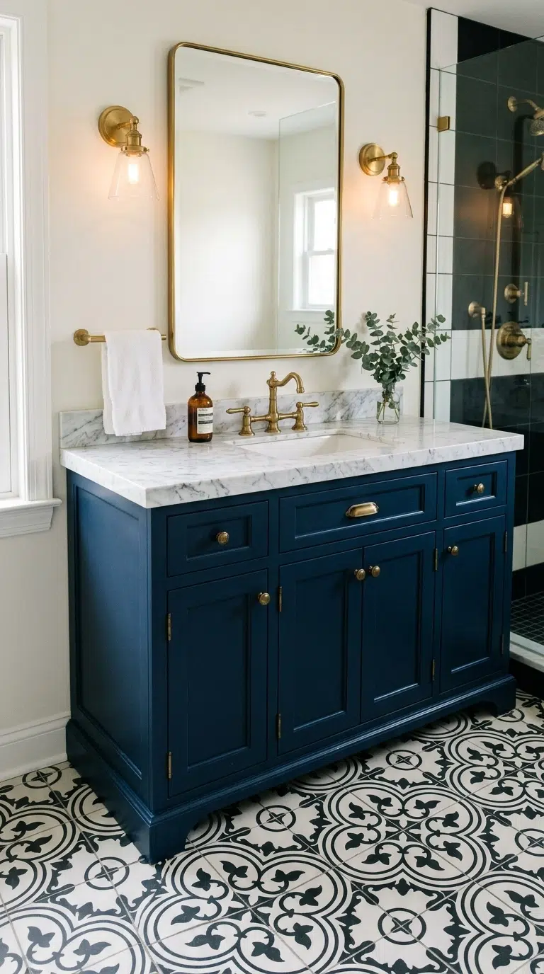 003 Classic Navy Cabinets A navy blue vanity with bras