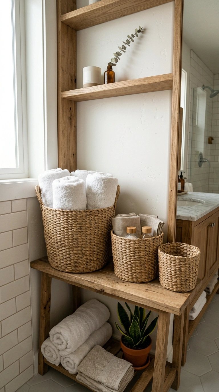 003 Woven Storage Baskets A bathroom corner with open