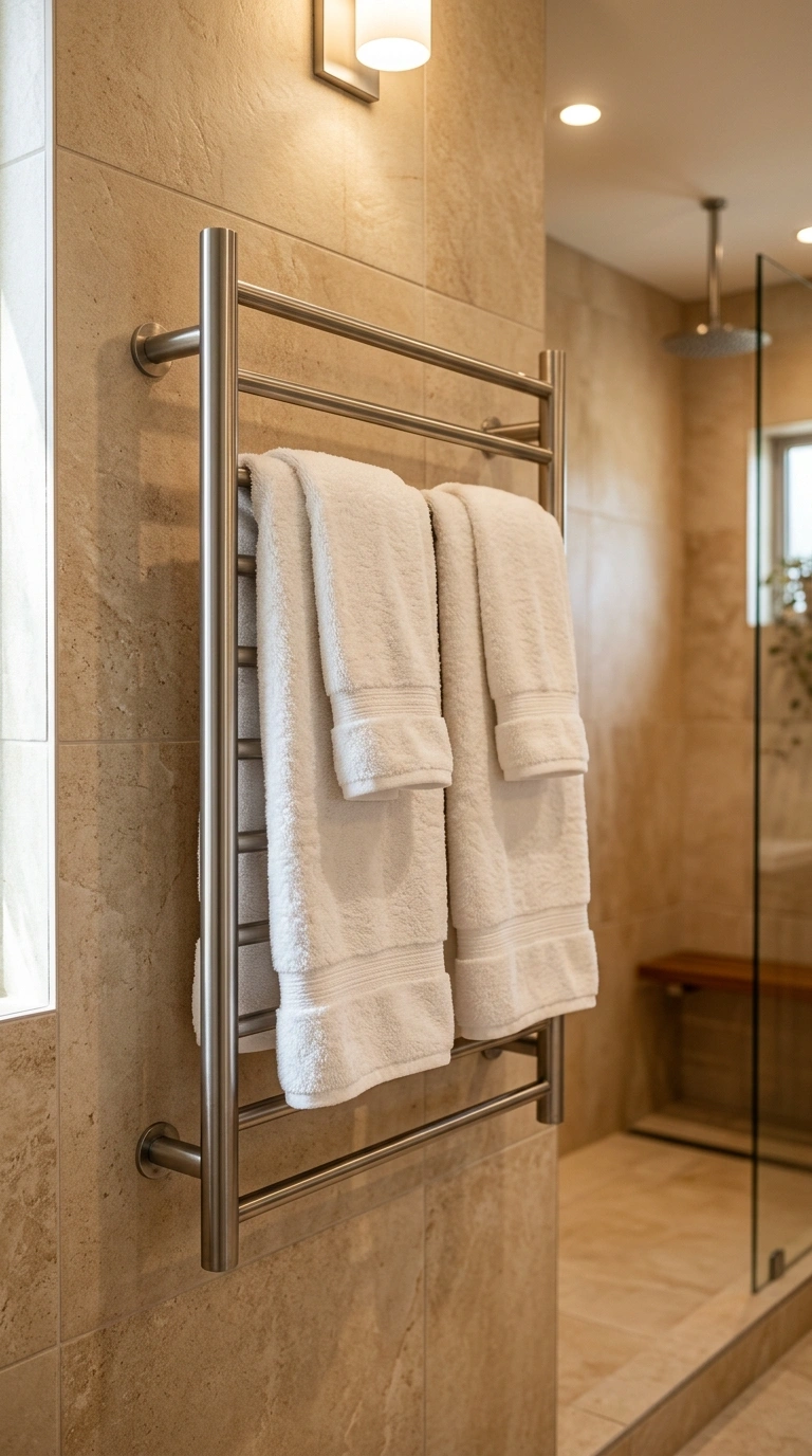 004 A bathroom wall mounted heated towel rack holding
